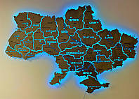 Настенная карта Украины на акриле с реками и подсветкой RGB из дерева Venge2 90х60 см