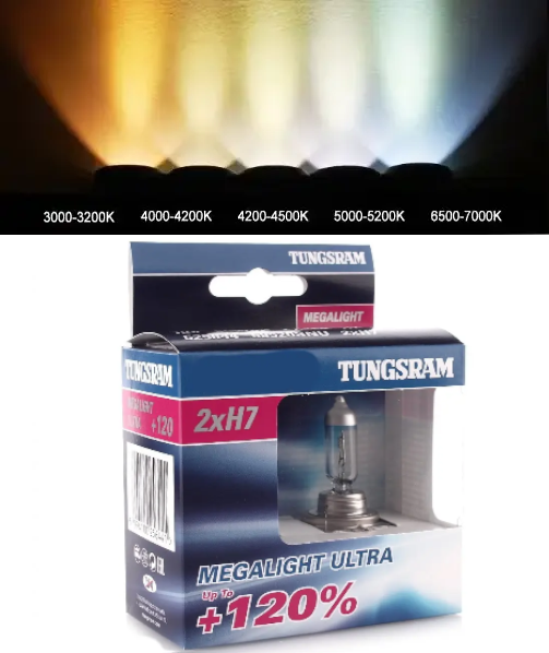 Галогенні лампи в фару авто H7 12 V 55 W Tungsram Megalight Ultra +120% 2 штуки