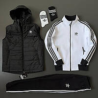 Комплект женский Adidas Спортивный костюм на флисе + Жилетка Набор утепленный зима Адидас белый-черный