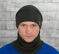 Комплект зимний шапка+снуд мужской, набор демисезонный из акрила на подкладке вязаный хаки
