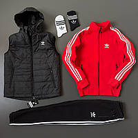 Комплект женский Adidas Спортивный костюм на флисе + Жилетка Набор утепленный зима Адидас красный-черный