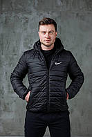 Спортивная мужская куртка Найк короткая осенняя весенняя, куртка стеганная черная с капюшоном Nike