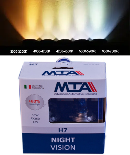 Галогенні лампи в фару авто H7 12 V 55 W MTA Night Vision + 80% (2 шт.) 2 штуки