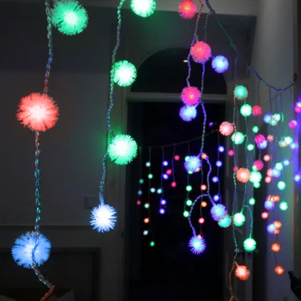 Світлодіодна гірлянда штора "Їжачки" 120 LED, 3x0,5м, 220В, прозорий провід, 8 режимів, IP44, Мультиколор