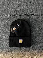 Мужская зимняя шапка Carhartt черная спортивная логотип вышитый Кархарт теплая с отворотом