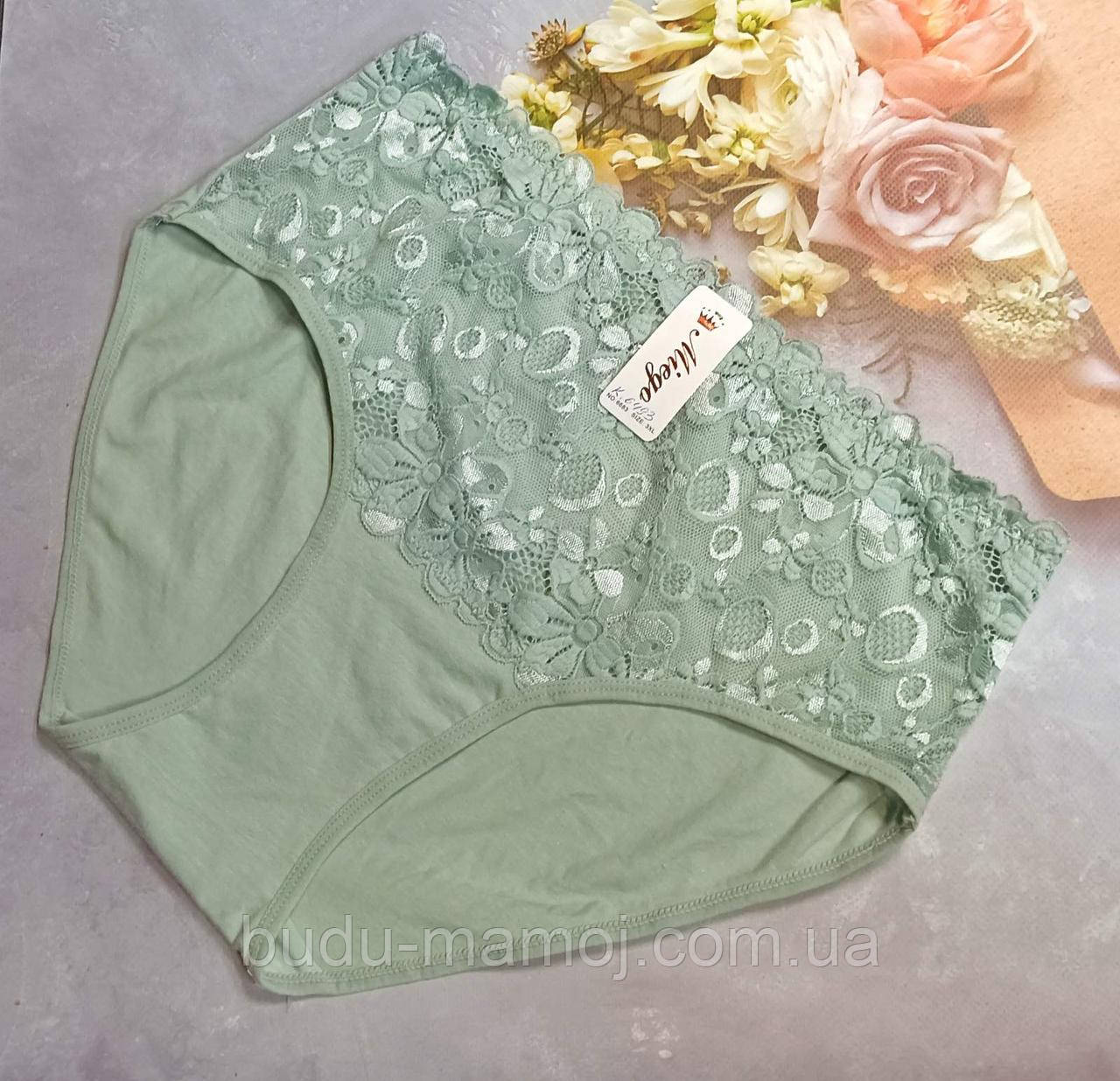 Жіночі  труси великі розміри бавовна з мереживом 2хл оливкові