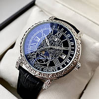 Чоловічий годинник Patek Philippe Sky Moon Tourbillon Silver Black AAA двосторонні кварцові на шкіряному ремінці