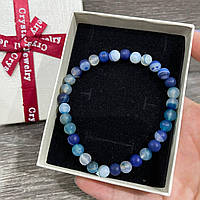 Подарунок дівчині - браслет із натурального каменю Синій агат матові гладкі кульки розмір 6 мм у коробочці