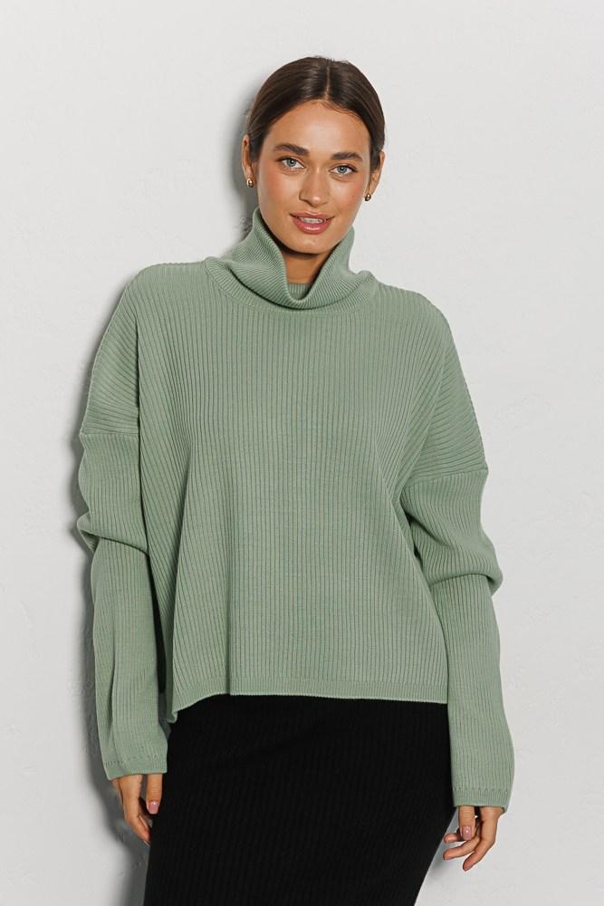 В'язаний жіночий оверсайз светр фісташковий із розрізами з боків, фото 1