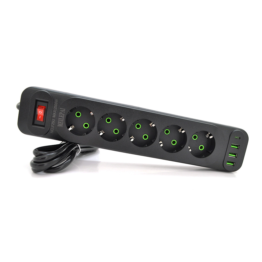 TU TU Сетевой фильтр F25U, 5 розеток EU + 3 USB + PD, кнопка включения с индикатором, 2 м, 3х0,75мм, 2500W, Black, Box