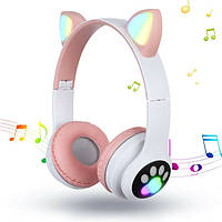 Навушники бездротові Cat Ear VZV-24M Bluetooth з LED підсвічуванням та котячими вушками (53611-E) Рожеві