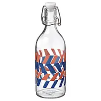 KORKEN Бутылка с крышкой, прозрачное стекло с узором/голубой ярко-оранжевый, 0,5 л