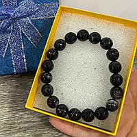 Подарок девушке браслет из натурального камня Глазковый черный агат граненые шарики размер 8 мм в коробочке