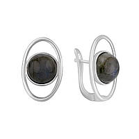 Стильные серебряные сережки яркие овальные женские серьги из серебра с круглым камнем на каждый день