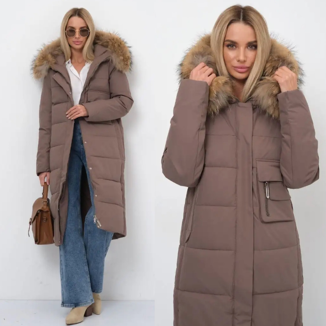 Зимове пальто з натуральним хутром р.44-48 Довгий пуховик жіночий Фабрика Китай