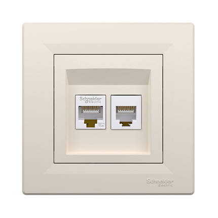 Розетка Schneider Electric Asfora комп'ютерна RJ45 UTP 5E та телефонна RJ12 кремова EPH4900123, фото 1