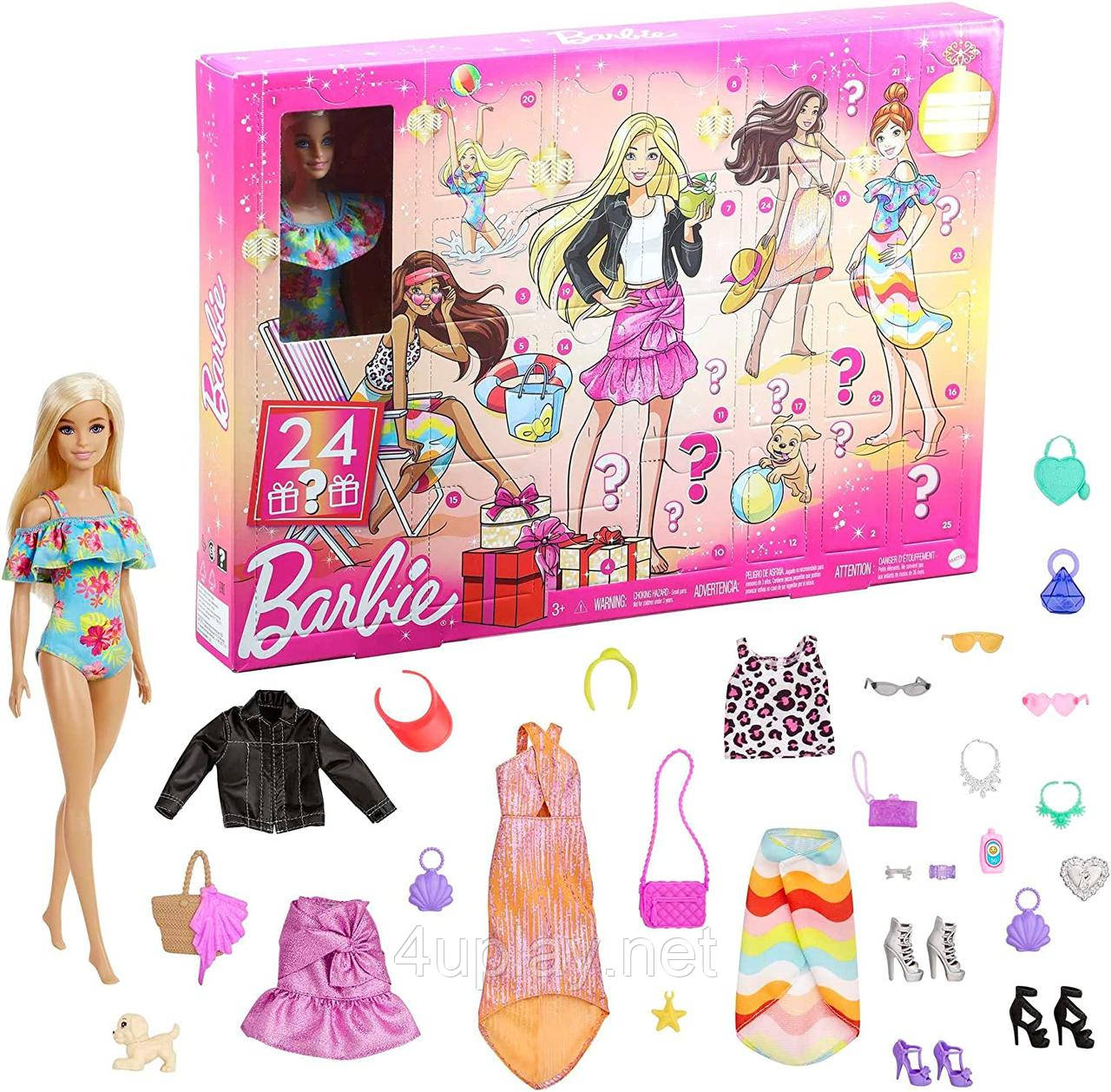 Адвент-календар Барбі 2023. Barbie Doll and Advent Calendar. Новорічний подарунковий набір із лялькою, одягом, аксесуарами