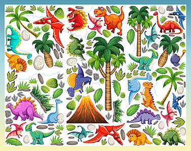 Стікери дитячі самоклеючі Динозаври 3 аркуші 94 х 40 см 160 наліпок в наборі БК-Дино