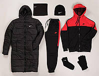Комплект Nike Найк 6 в 1 парка зимняя удлиненная черная + спортивный костюм красно черный + набор зима