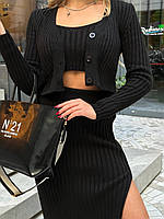 Базовый трикотажный осенний комплект "тройка" макси юбка и свитер с топом, материал рубчик Черный