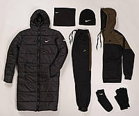 Комплект Nike Найк 6 в 1 парка зимняя удлиненная черная + спортивный костюм хаки с черным+ набор зима