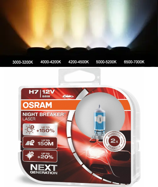 Галогенні лампи в фару авто H7 12 V 55 W OSRAM Night Breaker Laser + 150% 2 штуки