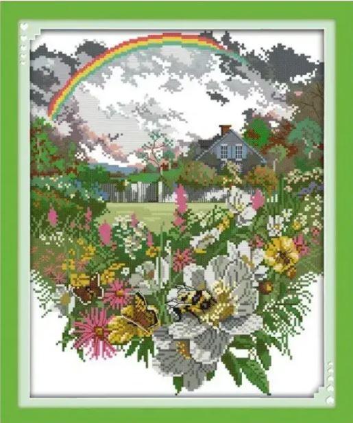 Набір для вишивання за нанесеною на канву схемою "The after rain rainbow flowers".AIDA 14CT printed , 33*40 см