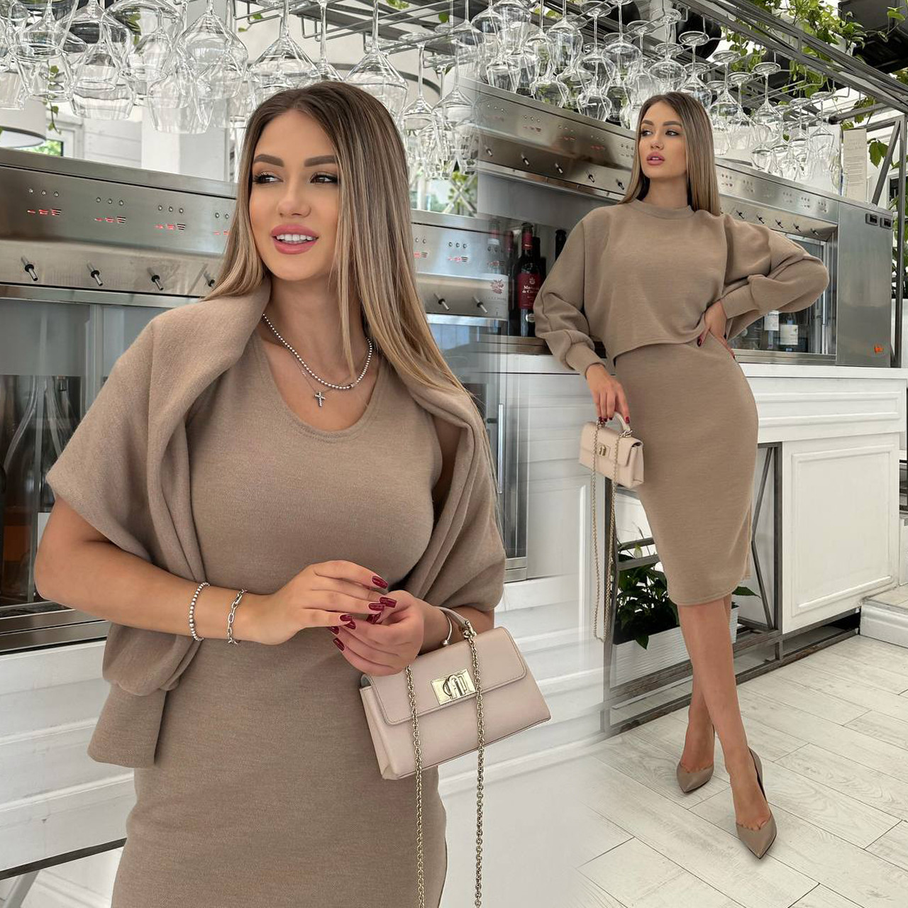 Бежеве утеплене плаття + кофта (подвійка) з двосторонньої ангори, фото 1