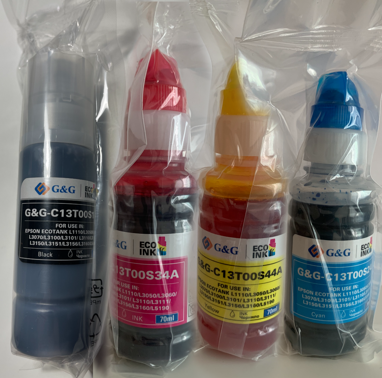 Комплект чорнила G&G для Epson L3100 L3101 L3110 L3150 L3151 4 кольори 70 мл сумісне чорнило