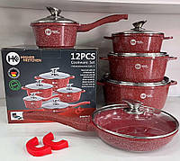 Набор кастрюль и сковорода с крышками Гранитное покрытие 12 предметов Higher Kitchen Красный 305