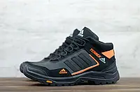 Мужские зимние кроссовки на меху Adidas Адидас, кожа, черные с оранжевым 40