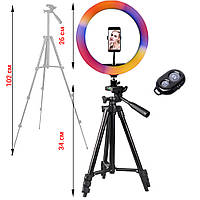 Кольцевая разноцветная лампа 26 см RGB со штативом 1.02м с держателем телефона JMP