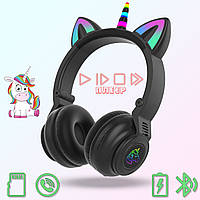 Наушники Кошачьи ушки/единорог беспроводные с мульти RGB,MP3плеер Cute Headset 27STN Bluetooth Black JMP