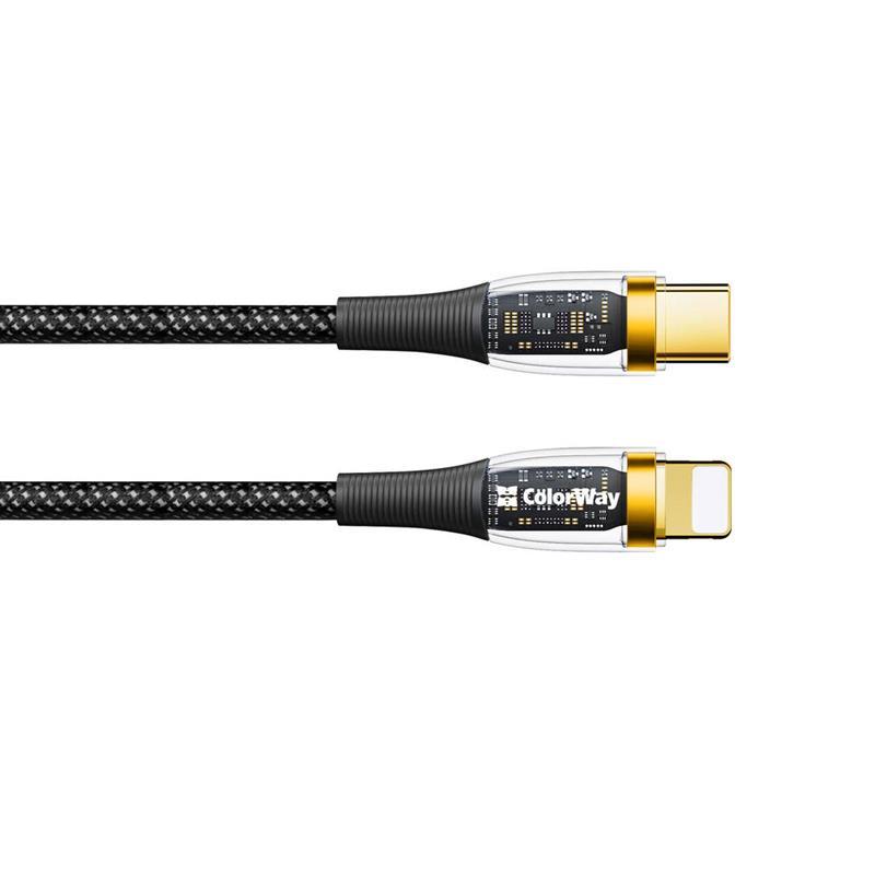 Кабель ColorWay USB Type-C - Lightning (M/M), transparent head, PD Fast Charging 27W, 3.0 А, 1.2 м, Black