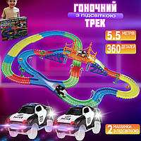 Детский автотрек с подсветкой и двумя машинками 18Ft track гоночная трасса 5.5 м, мост, перекрёсток JMP