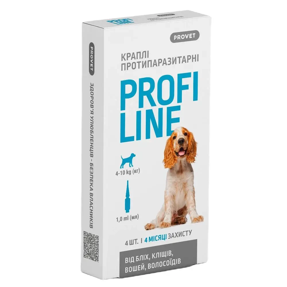 Капли ProVET Profiline на холку для собак 4-10 кг, 4 пипетки по 1,0 мл инсектоакарицид - фото 1 - id-p1907383771