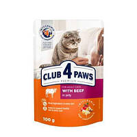 Влажный корм для взрослых котов в желе для блестящей шерсти Club 4 Paws Premium 100 г. с говядиной