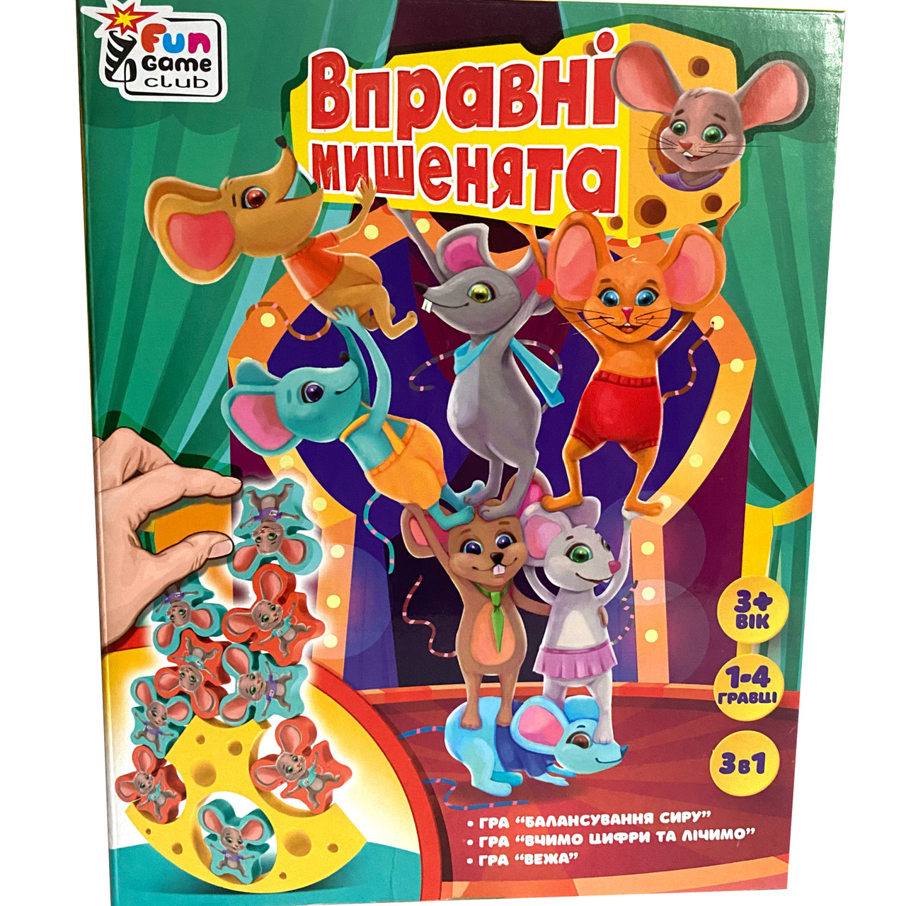 Дитяча гра настільна Вправні мишенята, 3+, 1-4 гравці, гра 3в1, балансир, вивчення цифр, вежа, Fun Game, уп 19*6*24см (87231), фото 1