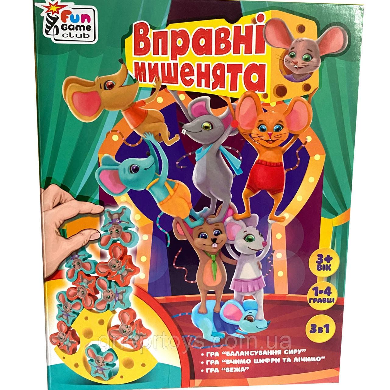 Дитяча гра настільна Вправні мишенята, 3+, 1-4 гравці, гра 3в1, балансир, вивчення цифр, вежа, Fun Game, уп 19*6*24см (87231), фото 1