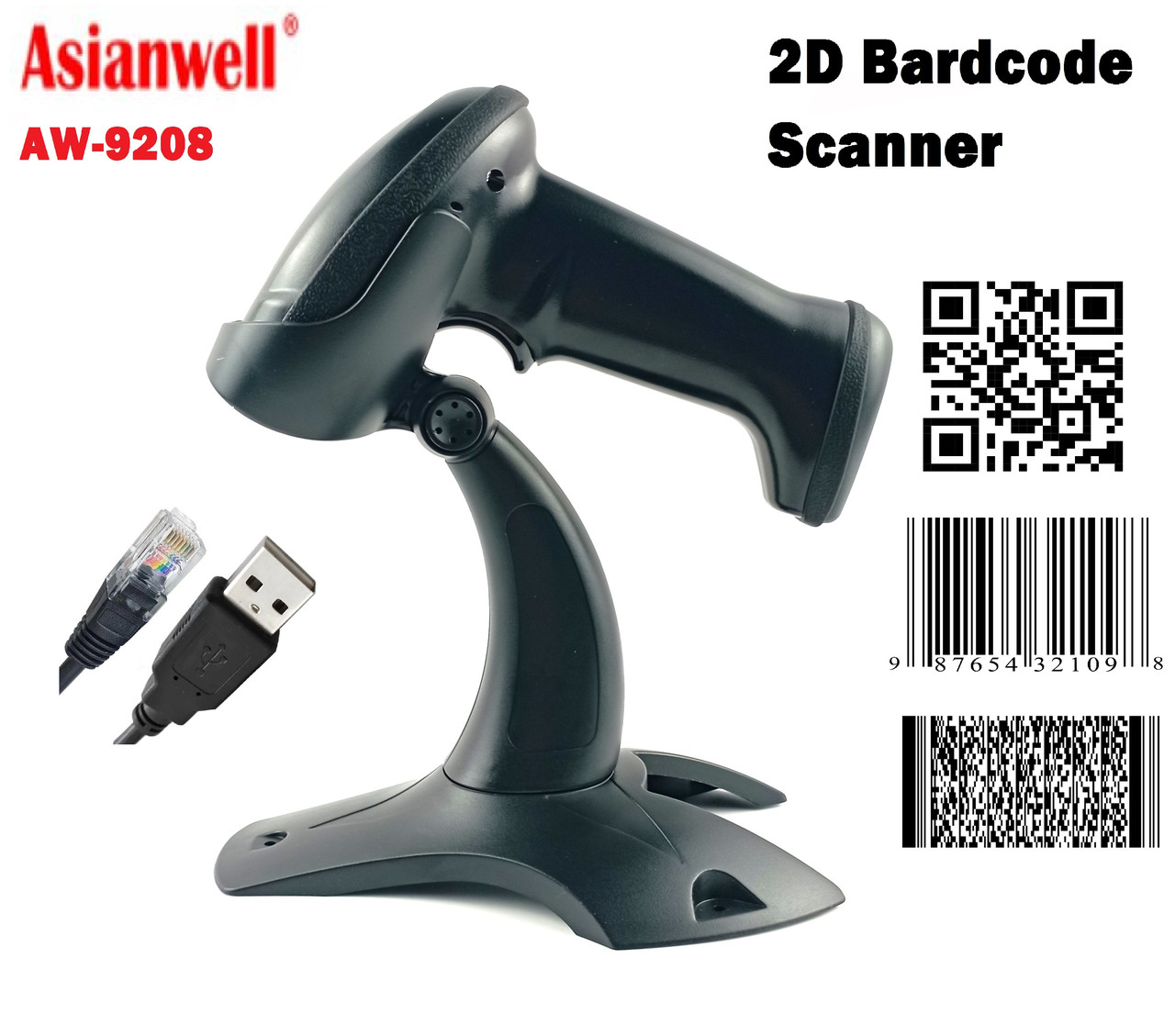1D/2D Сканер штрих-кодів з підставкою Asianwell AW-9208, фото 1