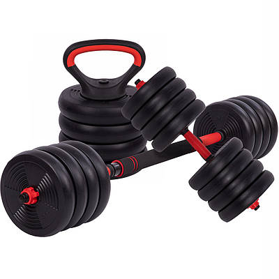 Набір гантелей зі штангою та гірей 3в1 багатофункціональний Zelart LN-1100-50 вага 50 кг чорний-червоний