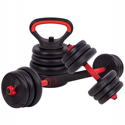 Набір гантелей зі штангою та гірей 3в1 багатофункціональний Zelart LN-1100-20 вага 20 кг чорний-червоний