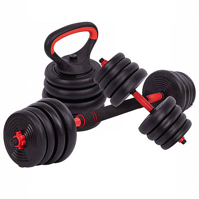 Набір гантелей зі штангою та гірей 3в1 багатофункціональний Zelart LN-1100-30 вага 30 кг чорний-червоний