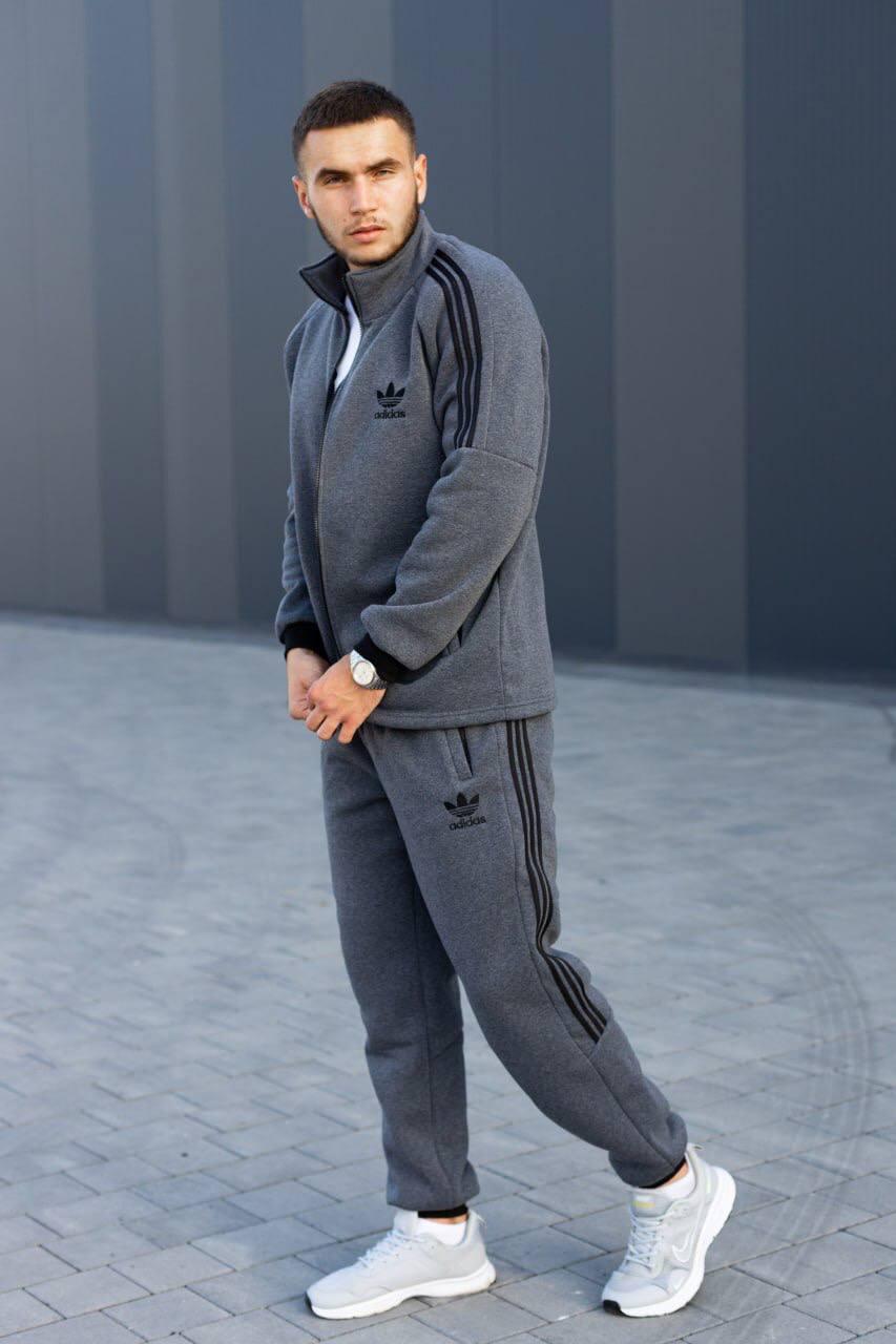Костюм спортивний чоловічий зимовий на флісі Adidas темно сірий на блискавці