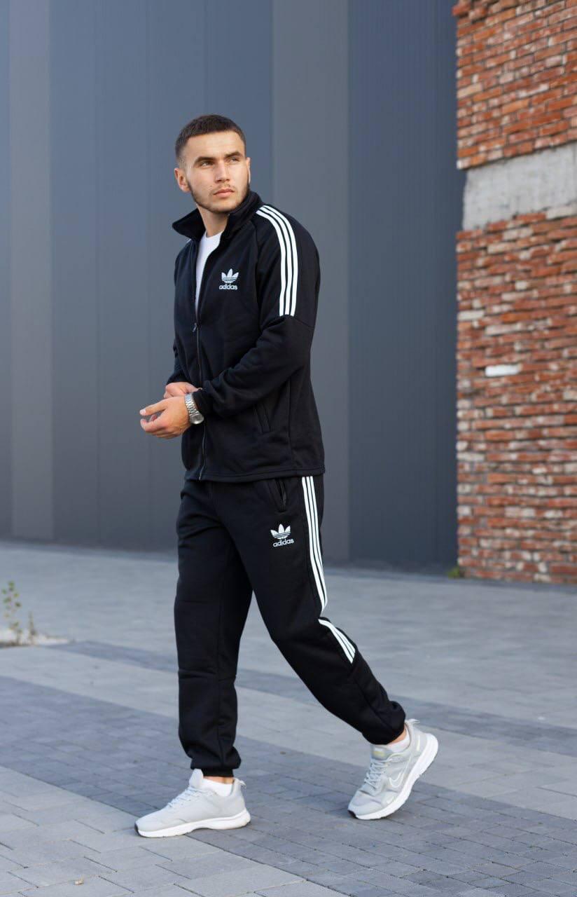 Костюм спортивний чоловічий зимовий на флісі Adidas (Адідас) чорний  на блискавці