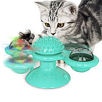 Іграшка для котів спинер з щіткою для зубів на присоску карусель з котячою м'ятою і світлодіодним кулькою NXI