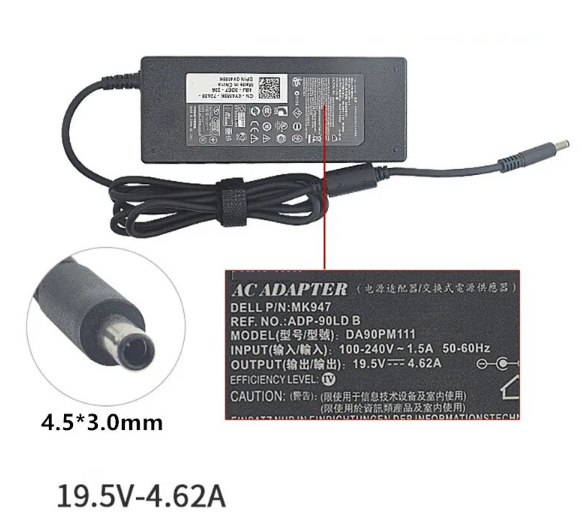 Зарядний пристрій для ноутбука 4,5-3,0 pin 4,62A 19,5V 90W Dell A+ нова