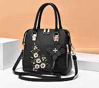 Красивая женская сумка с цветочками, сумочка чёрная женская с вышивкой