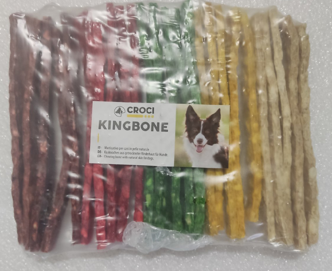Ласощі для собак Жувальні палички Mix Croci KINGBONE шкіра плоскі кольорові мікс, 12.5 см, 25 шт 225г C6BI2108