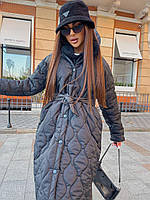 Женское зимнее стеганое пальто под пояс с капюшоном на кнопках